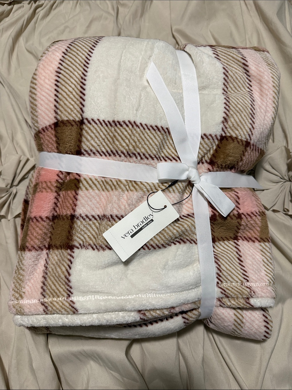 Vera Bradley Pink and Brown Plaid Plush Throw Blanket